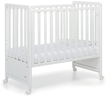 Foppapedretti Lettino Culla con Sponda a Scomparsa Pikkoletto, Made in Italy, Legno di Faggio, Rete a doghe a 3 altezze, Materassino Incluso, 112x61x106 cm, ruote piroettanti, Bianco