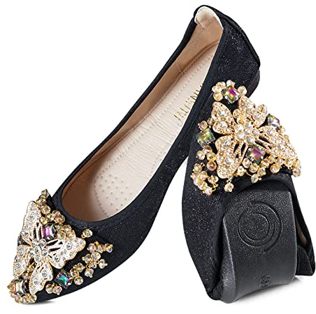 MACHSWON Womens Folding Pumps Roll up Wedding Dress Shoes Foldable Bling Ballet Flats with Beautiful Rhinestone Portable Ladies Slip On Loafers