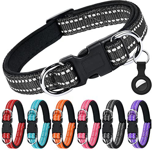 AUAUY Reflektierend Halsband Hund, Verstellbares Atmungsaktives Hundehalsband, Weich Gepolstertes Neopren Nylon Hunde Halsband mit AirTag-Hülle Doppel-D-Ring für Kleine Mittel Große Hunde(Schwarz-S)