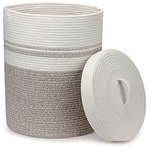 Goodheim Cesto Portabiancheria con Coperchio Cesta in Corda di Cotone, Ideale per Bucato e Giochi Bambini, Cestone Portabiancheria e Cestino Biancheria Ceste Portaoggetti Bianco Marrone XXL