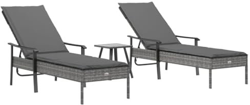 vidaXL Sonnenliege 2 STK. Gartenliege mit Tisch Auflagen Armlehnen, Relaxliege Verstellbare Rückenlehne, Liegestuhl Gartenmöbel, Grau Poly Rattan