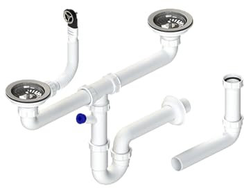 GRANMASTER Siphon Kitchen Sink Manual 2-Chamber Space-Saving Siphon with Overflow - Drain Fitting for Sink - Made in Italy Connection at the Bottom: 1 1/2 Inch Strainer Basket Eccentric Valve 3 1/2