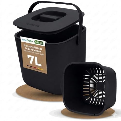 YourCasa Biomülleimer Küche 7L - Komposteimer mit herausnehmbarem Sieb & Deckel - geruchsdicht, spülmaschinenfest & ohne Biomülltüten - Bio Mülleimer für selteneres Entleeren (Schwarz)