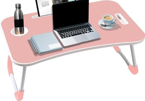 KKTECH Folding Laptop Bed Table Lap Standing Desk Sofa Breakfast Table Bed Tray Laptop Lap Desk with Cup Holder Notebook Stand Steel Legs 60x40x28cm (Pink)
