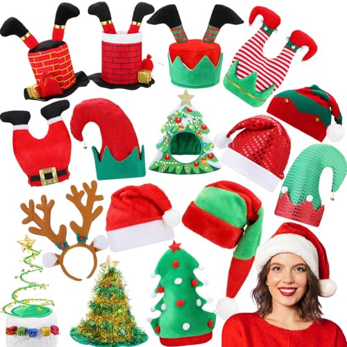 Zubebe 16 Pieces Christmas Hats Bulk, Funny Christmas Hats, Novelty Santa Hats Christmas Tree Hats Christmas Party Hats Christmas Theme Hats for Xmas Holiday Party Favors Adults Christmas Gifts