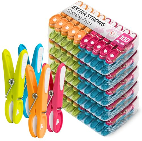 CARASELLE Clothes Pegs for Washing Line Strong - Non Slip Heavy Duty Washing Pegs w/Rubber Pad for Mark Free Secure Grip - Indoor Outdoor Plastic Clothes Pegs Strong Large Laundry Pegs - 100 pcs