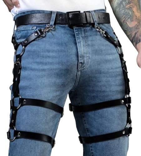 Thcbme Harnais en cuir pour homme - Ceinture - Poitrine - Jambe - Pantalon à bretelles - Gothique Punk Club Halloween Fête Noël Cosplay Chemise quotidienne, 2, taille unique