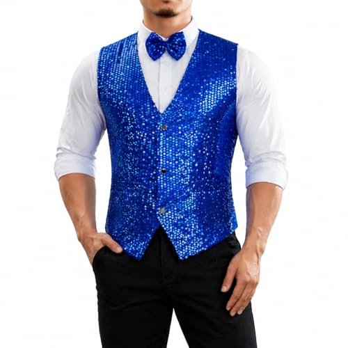 Caziffer Mens Shiny Sequin Vest Deep V-neck Solid Color Party Dress Suit Waistcoat Bowtie Button Waistcoat for Business Wedding (Blue, L)