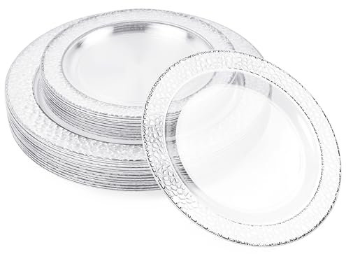 MATANA 40 Élégantes Assiettes en Plastique Transparent avec Bordure Argentée pour Mariages, Anniversaires, Noël & Fêtes (2 Tailles) - Vaisselle en Plastique Solide et Réutilisable