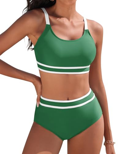 Yuson Girl Women's Bikini Sets High Waisted Swimsuit Push Up Two Piece Swimsuit Scoop Neck Swimwear Tummy Control Bathing Suits Ladies Swimsuit Suits Padded Bikini for Women(Green, XL)