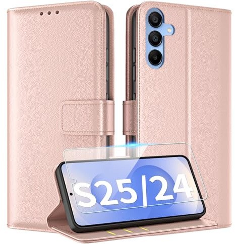 TQIAHF Cover per Samsung Galaxy S25 5G / S24 5G Cover Custodia con Vetro Temperato Pellicola a Libro in Pelle Porta Carte Libretto Portafoglio Flip Case Antiurto Telefono Custodia,Oro Rosa