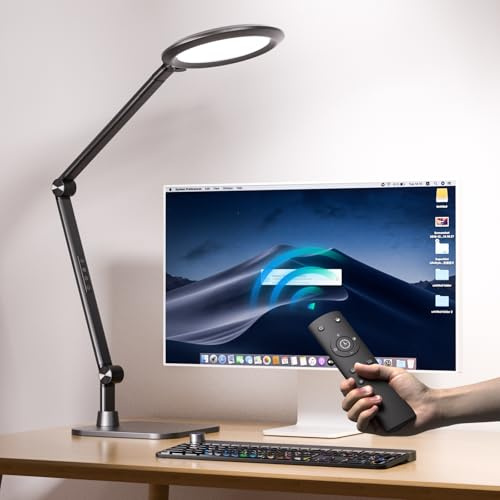 VERSKI Lampe de bureau LED avec télécommande pour vidéoconférences, lumière Zoom, lampe de jour pour bureau, luminosité et température de couleur réglables, lampe de table, 18W