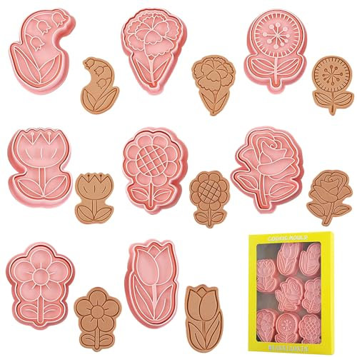 EUIEUT 8 Pz Formine per Biscotti a Forma di Fiore Stampi per Biscotti in Plastica 3D Tagliabiscotti Fiore Set di Formine per Biscotti Riutilizzabili per Fai da Te Fondente Torta Caramello Cioccolato