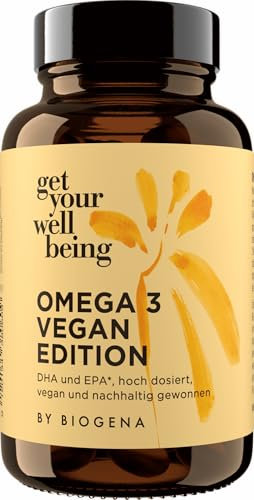 get your wellbeing by BIOGENA - Omega 3 vegan hochdosiert 1000mg Algenöl - 30 Kapseln - Mit DHA & EPA Fettsäuren - Aus nachhaltiger Indoor-Algenzucht - Nahrungsergänzungsmittel konservierungsstofffrei