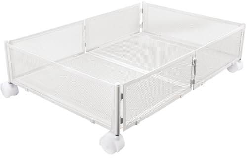 Kedia Rangement Sous Lit Pliable avec Roulettes, Tiroir Étagère en Métal, Boite Rangement Lit, Organisateur polyvalent pour pour jouets, vêtements, etc. (blanc)