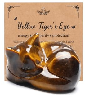 JSDDE Figurine Chat Endormi en Pierres et Cristaux Naturelles Décoration Intérieurs Statue Ornement Sculpté Chat Mignon Pierre Précieuse Lithotherapie Reiki Collection Minéraux Animaux (Oeil de Tigre)