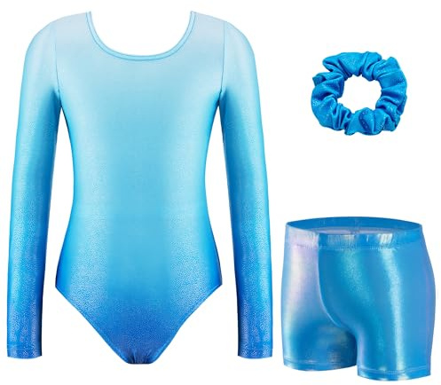 Arshiner flickor 3-delad gymnastikkläder långärmad trikåer med shorts hårband barn glittrande enheter balettdansande dräkter 3-10 år