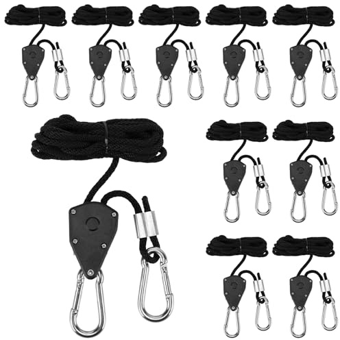 SYUTBOU 10 Stück Seilratsche, 2M Schwarz Abspannseile mit Seilspanner, 1/8 Zoll für Pflanzenventilator Licht Zimmerpflanzen, 4 mm Verstellbare Spannseil für Sonnensegel, Camping
