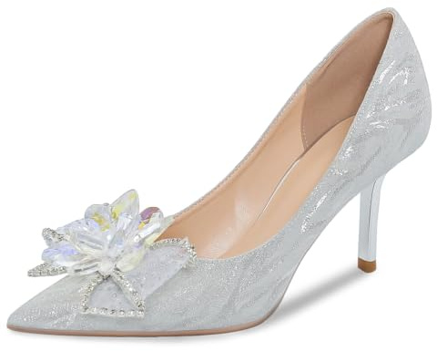 Wtharosa Escarpins à Talon Aiguille à Fleurs Cristal pour Femme - Bout Pointu Scintillant pour soirées de Mariage & galas,Silver 8cm,43 EU