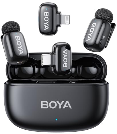 BOYA Mini 2 Micro Cravate sans Fil pour iPhone 7-17, Android, 5g, 48 kHz/24 Bit, Mini Micro sans Fil USB-C, Lightning, Anti-Bruit 40dB, 100m, 30h, Microphone Lavalier Compact pour Streaming