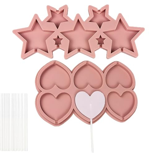 YFTRFR 2 Piezas Molde de Silicona con Forma de Corazón & Estrella para Piruletas con 24 Palitos de Piruleta Antiadherente Apto para Dulces Chocolates y Cubitos de Hielo Seguridad