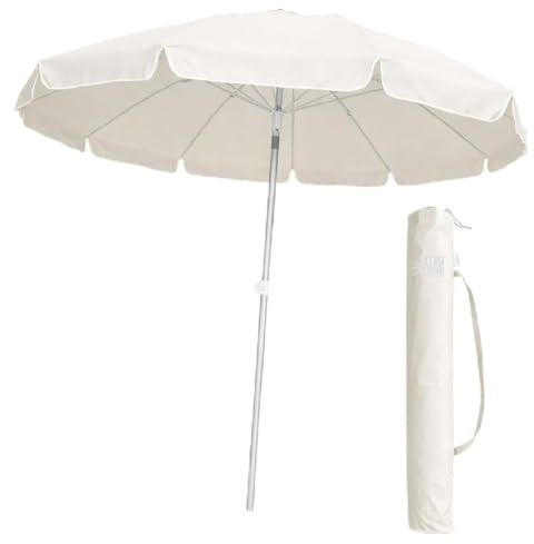 DANYX Ombrellone Mare Spiaggia 200 cm Antivento 12 Stecche Fibra di Vetro, Palo Alluminio 32 mm, UV50+ Inclinabile 45°, AirVent, Punta Trivella con Custodia (Ecrù)