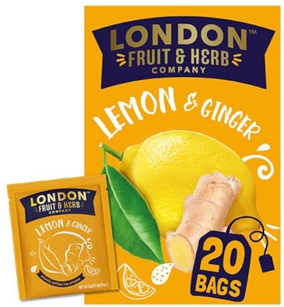 London Fruit & Herb Lemon & Ginger Tea, Caffeine-Free Herbal Infusion, 20 Teabags – Zesty Lemon with Warming Ginger, Perfect for Soothing and Refreshing