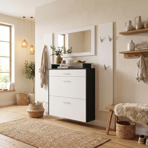Vladon Malea Hallway Storage Set, Hallway Set with 1 Wall-Mounted Shoe Cabinet, 1 Wall-Mounted Mirror and 2 Coat Rack Panels, Black matt/White matt