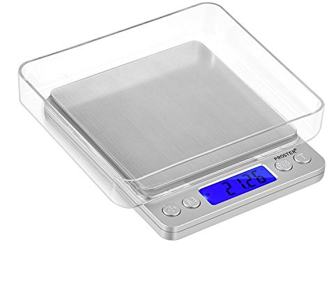 Proster Mini Bilancia Digitale Tascabile 0,03-500g Bilancia da Cucina con Funzione Tare Display LCD Retroilluminato Acciaio Inox Bilancino per Gioielli e Piccoli Oggetti Alta Precisione Portatile
