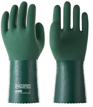 PACIFIC PPE Nitrile Chemical Resistant Gloves, Chemical Gloves, Reusable Heavy Duty Work Gloves, Acid, Alkali and Oil Protection, Non-Slip, Large
