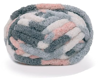 Chunky Knit Chenille Yarn for Hand Knitting Blankets, Super Soft Big Jumbo Blanket Yarn, Pink White Grey