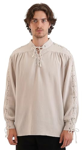 CoolChange Chemise médiévale pour déguisement de chevalier ou de pirate | Beige | Avec col montant & laçage | Taille : M