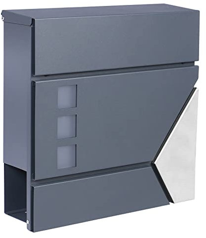 Wiltec Designer Briefkasten V48 Anthrazit und Edelstahl 370 x 105 x 370 mm, Wandbriefkasten mit Schloss, Sichtfenstern, Zeitungsrolle, Postkasten aus galvanisiertem Stahl
