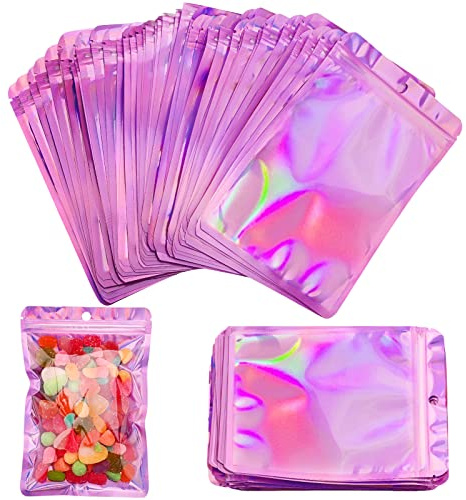 Bolsas de lámina de mylar,100 unids Resellable Food Bolsas de almacenamiento de alimentos Bolsas de envasado holográfico Bolsas de lámina plana de café Galletas al aire libre Joyería (12*18cm, Pink)