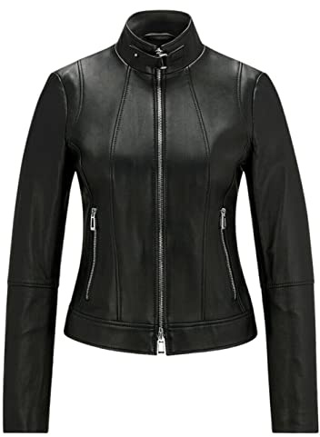 Giacca da motociclista in vera pelle da donna cappotto casual nero invernale con cerniera, Nero , M