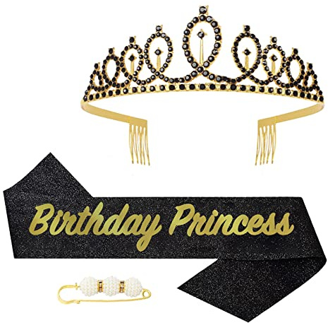 POPOYU Princesse Couronne Echarpe Diademe Femme,Cristal Tiara Kit pour Fille Femme Décoration de Fête,Anniversaire Femme Couronne Tiara Et écharpe De Decoration Anniversaire Cadeau Fille(Or Noir)
