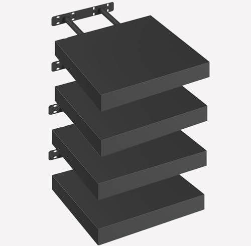 eSituro 4 Pcs Black Floating Shelves, 25cm Wall Storage Rack, Office | MDF Wooden Shelving Boards, Easy Install Sturdy Brackets Display & Organiser for Living Room, Bedroom, Kitchen, Bathroom