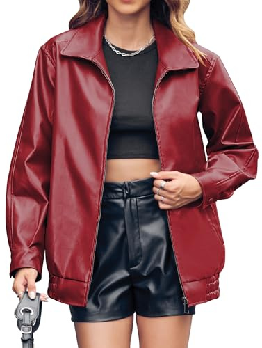 Miladusa Leather Blazer for Women Faux Motorcycle Plus Size Lapel Moto Biker Fall Winter Fashionable Coat Dark Red S