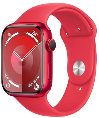 Apple Watch Series 9 (45 mm GPS + Cellular) Smartwatch avec boîtier en Aluminium et Bracelet Sport (Product) Red (M/L). Suivi de l’activité Physique, apps Oxygène sanguin et ECG, résistance à l’Eau