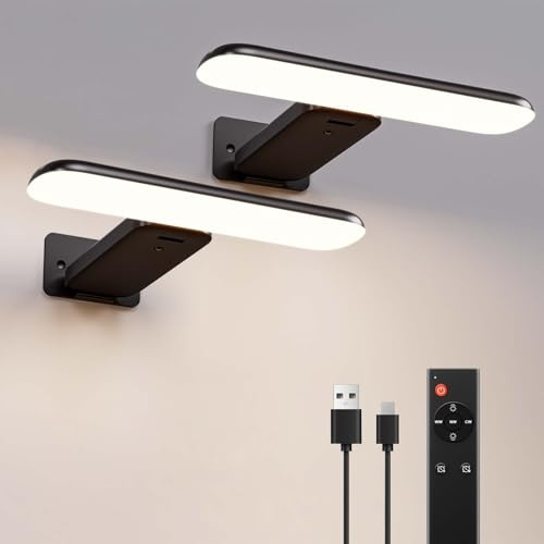 NARUNDREN 2 Pack Picture Lights for Wall, Rechargeable LED Picture Light Battery Operated with Remote, Dimmable Poster Light for Paintings, Portraits, Art Frames, Display Lighting for Wall Decor,Black