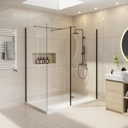 NRG Wet Room Walk in Glass Screen Panel Shower Enclosure 2 Pieces of 8mm Easy Clean Screen (900x1950mm+1100x1950mm) + 215mm Return Panel (215x1950mm) - Black Profile