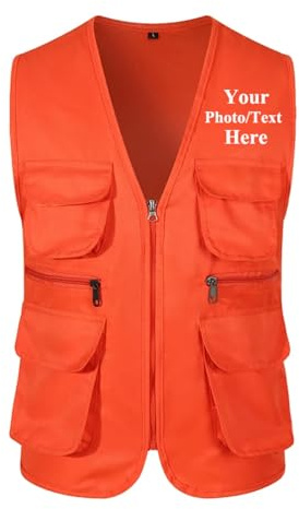 Custom Logo Vest Men Sleeveless Waistcoat Outdoor Sport Shooting Fishing Hiking Jacket Maintenance Worker Coat Orange,XL