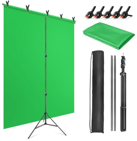 JEBUTU Green Screen Background with Stand 1.5m x 2m (5ft x 6.5ft), 1.5m x 2m Green Screen Photography Backdrop Kit for Chroma Key, Gaming, Photo Studio, Live Streaming