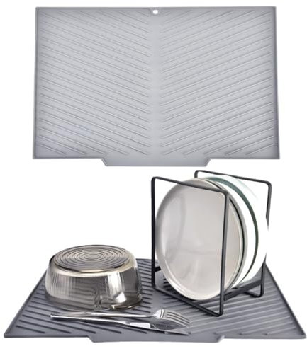 Echehi Tappetino Scolapiatti con Uscita di Scarico, 43,3 x 30 cm Tappeto Scolapiatti a Forma di V con Design Antiscivolo, Senza BPA e Facile da Pulire. Grigio