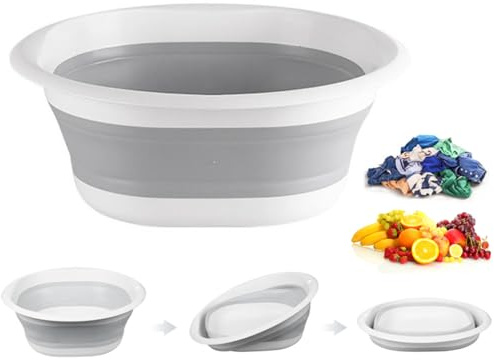 5L Collapsible Washing Up Bowl - Portable Hand Wash Basin, Folding Washing Up Basin, Retractable Food Storage Basin, Multipurpose Outdoor Water Basin for Kitchen, Travel, Camping, Hiking (Gray, M)