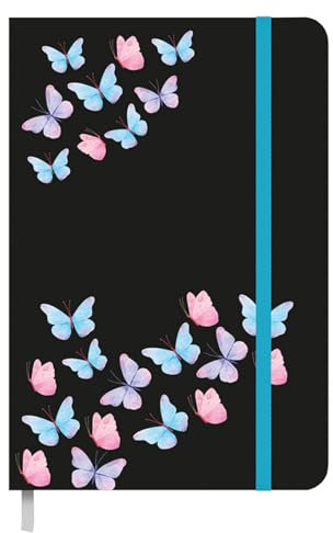 Idena 11166 - Taschenkalender 2025 im Format 13 x 21 cm, 1 Woche auf 1 Seite, Terminplaner in Schwarz mit Schmetterlingsmotiv, Gummiband, Innentasche und Leseband
