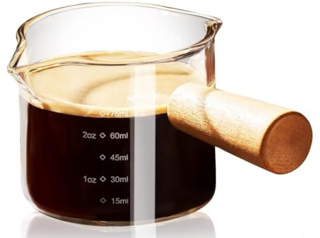 Misurini in Vetro per Espresso, 75 ml Bicchiere per Caffè con Manico in Legno, Doppio Beccuccio Tazza da Latte Vetro Trasparente Misurino, Misurino con Doppia Graduazione
