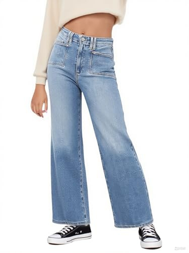 Haloumoning Jeans larges pour filles - Taille haute - Pantalon long extensible avec poches - 5 à 14 ans