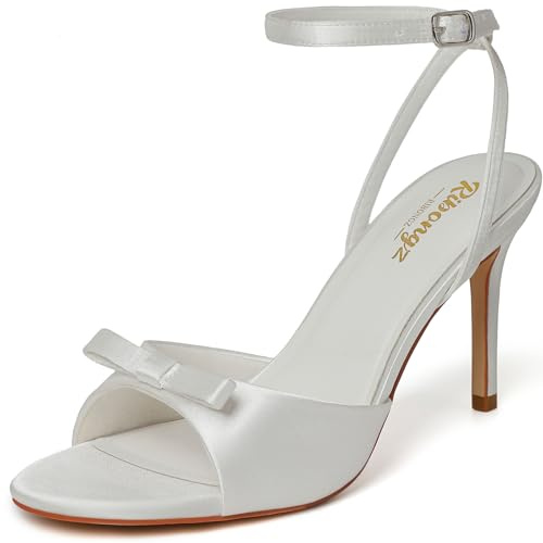 RIBONGZ White Heels for Women Strappy Open Toe Stiletto Heel with Bow Shoes 12