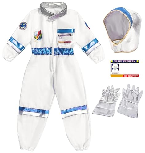Costume Astronauta per Bambini, Bambini Costume da Astronauta con Casco e Guanti, Tuta Spaziale per Ragazzi e Ragazze, Costume da Astronauta per Carnevale Halloween Natale Cosplay (4-12 anni)